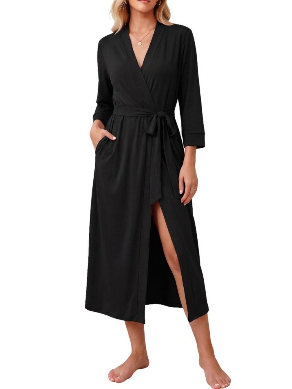 Women Robes Long Knit Bathrobe Soft Kimono Loungewear with Pockets
